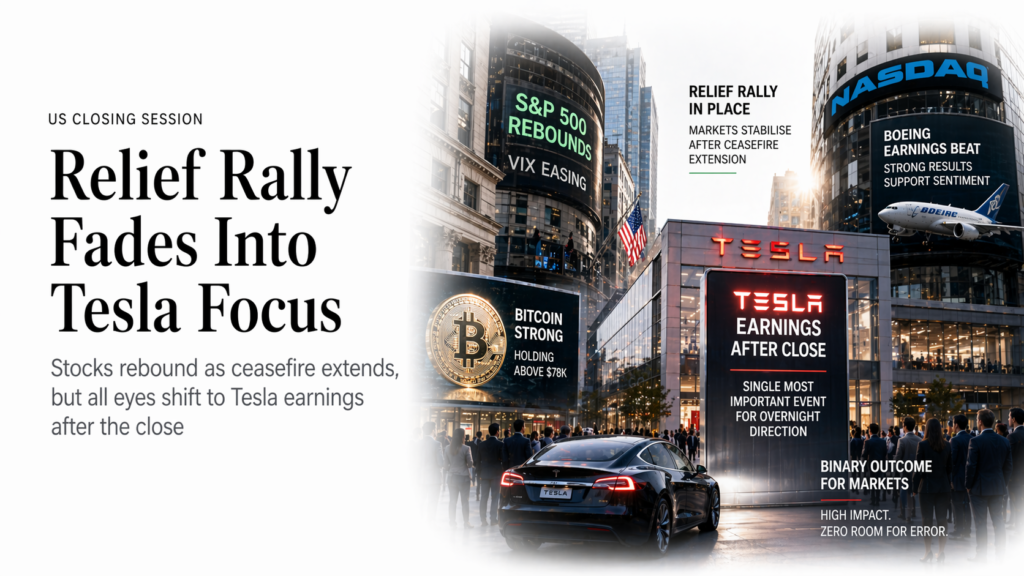US Close — Wednesday, April 22, 2026 Ceasefire Extended, Relief Rally, All Eyes on Tesla After Close