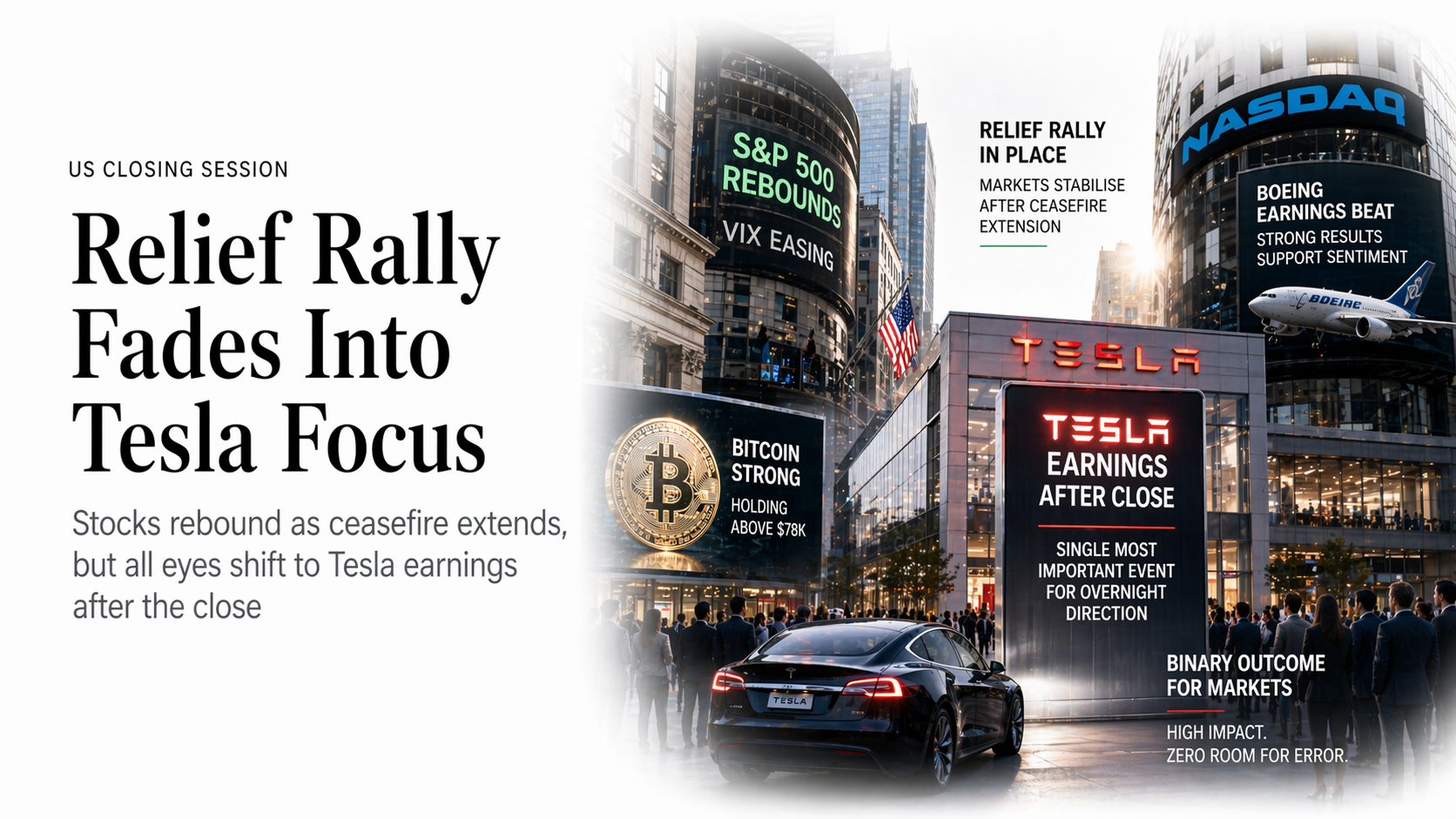 US Close — Wednesday, April 22, 2026 Ceasefire Extended, Relief Rally, All Eyes on Tesla After Close