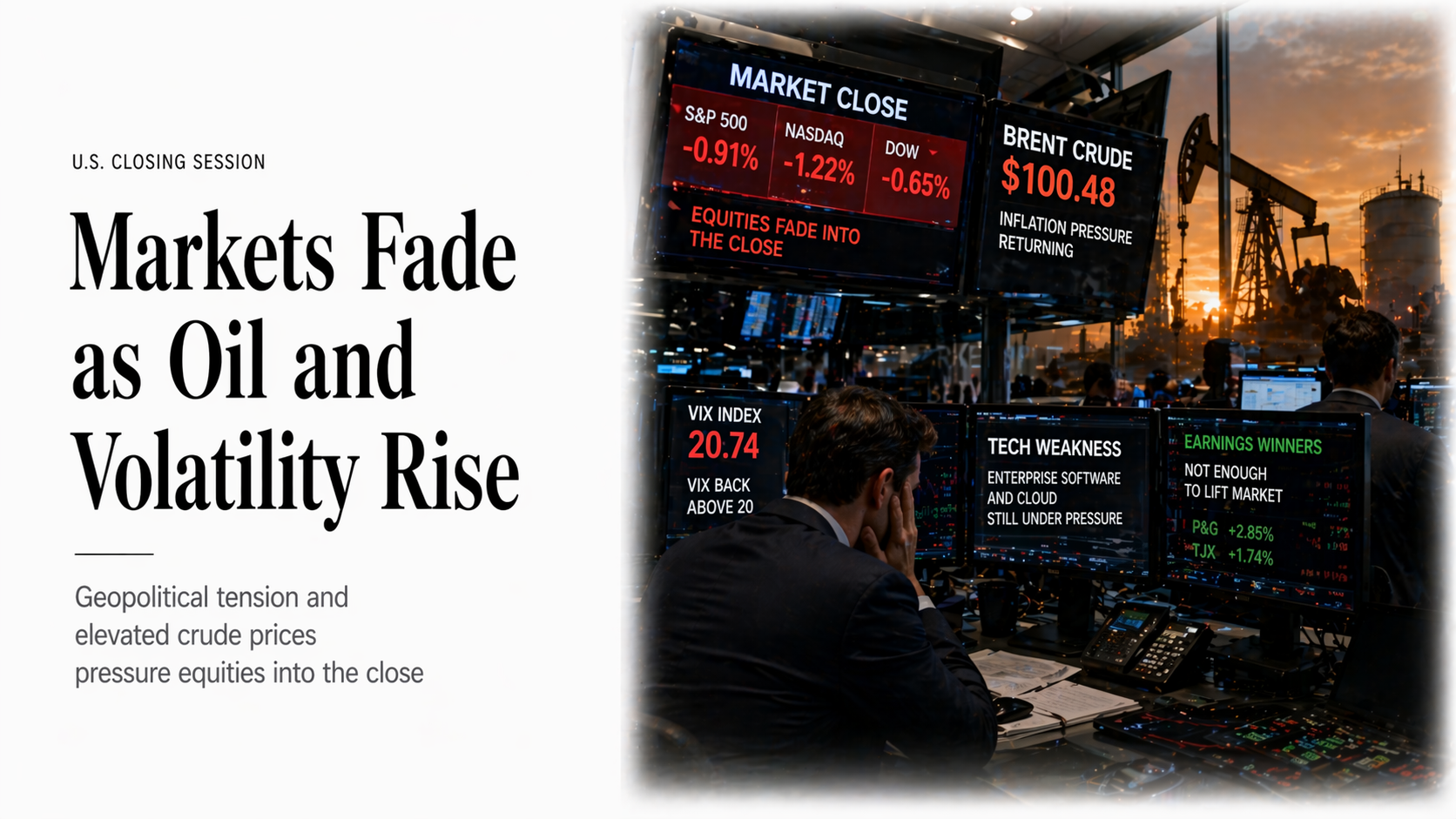 Market close trading analysis showing Nasdaq rally on Intel earnings, oil pullback, gold weakness and key trading setups