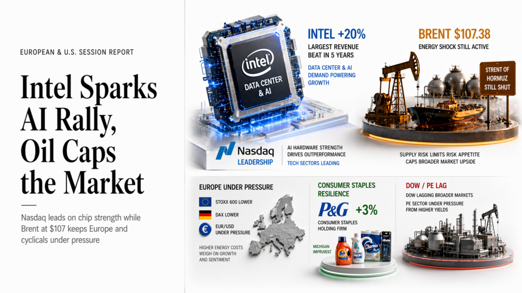 European & U.S. Session Report — April 24, 2026 | INTC +20% Epic Beat · P&G +3% · Michigan Sentiment 52.2 Final · Brent $107+ · Ceasefire Extended · FOMC Week Begins | Capital Street FX