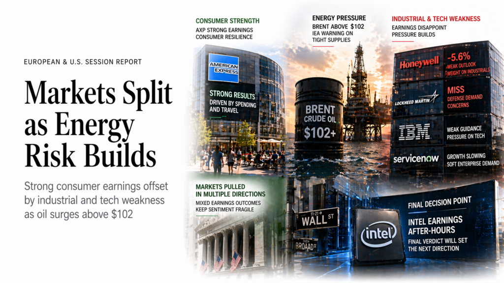 European & U.S. Session Report — April 23, 2026 | AXP Beats · HON −5.6% · LMT Miss · Jobless Claims 214K · Intel After-Hours · Oil Brent $102+ | Capital Street FX