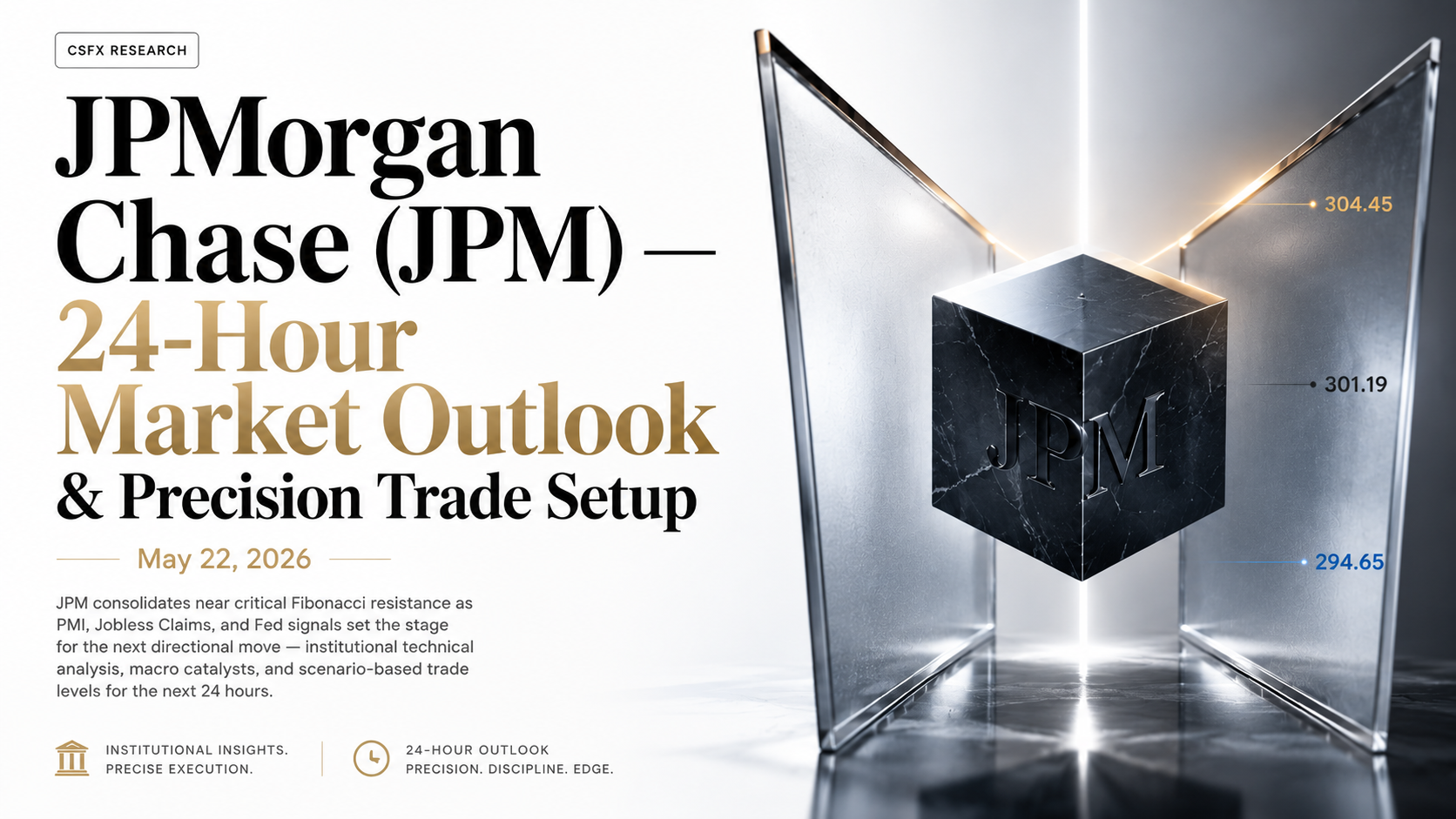 JPMorgan Chase trade setup showing price action, Fibonacci levels, RSI and key support zones May 2026