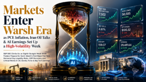 Warsh Era market outlook with inflation, oil volatility, AI earnings and Fed policy graphics