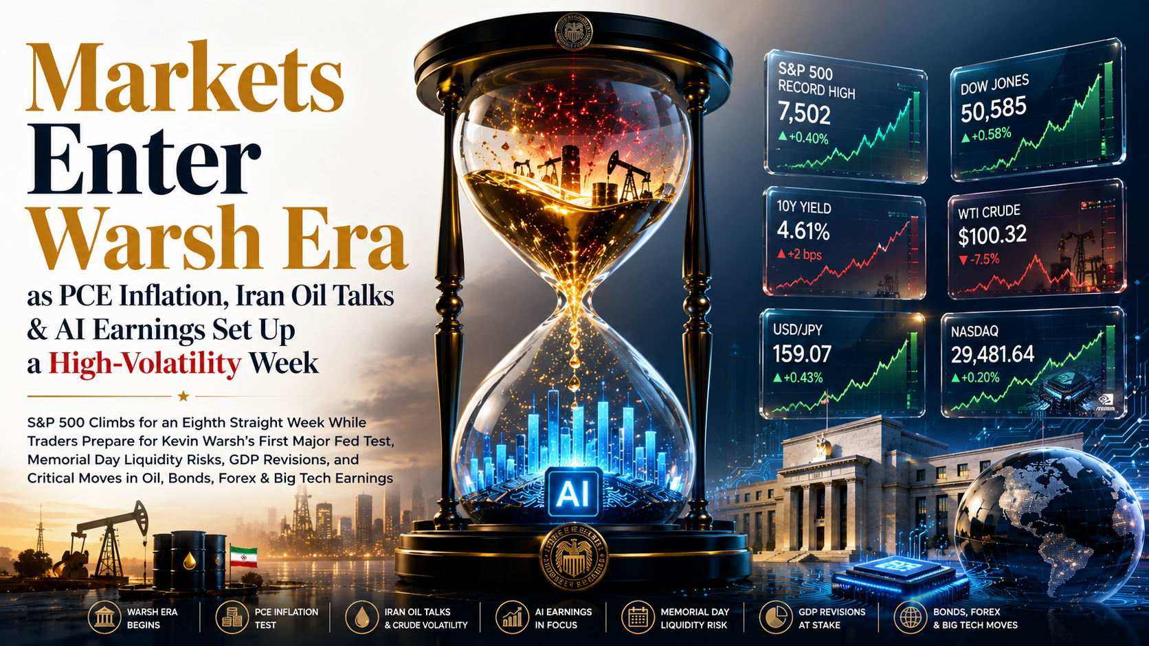 Warsh Era market outlook with inflation, oil volatility, AI earnings and Fed policy graphics