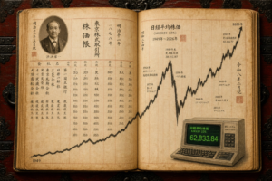 Nikkei 225 chart showing 1989 bubble peak crash and 2026 all-time high recovery