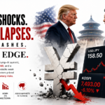 Trump and Xi beside crashing Kospi charts and a collapsing yen in an Asia market crisis