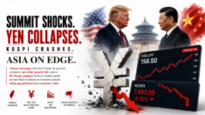 Trump and Xi beside crashing Kospi charts and a collapsing yen in an Asia market crisis