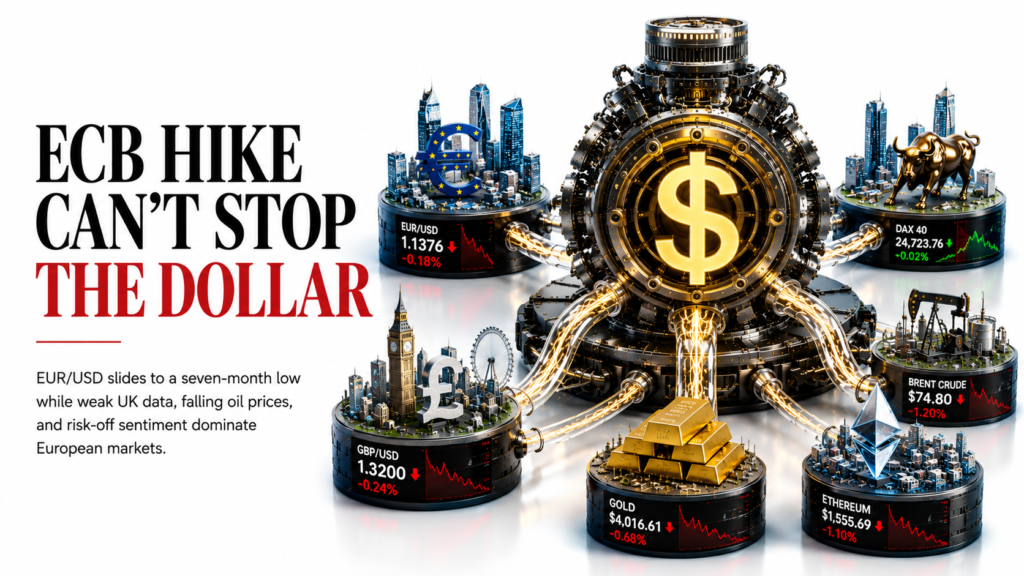 ECB Hike Bets Firm · Brent Eases Below $75 · Sterling Under Pressure on UK PMI Miss · DAX at 24,723.76 · ETH at $1,555.69 · ETH at $1,555.69 | Technical Analysis – European Session | 26 June 2026