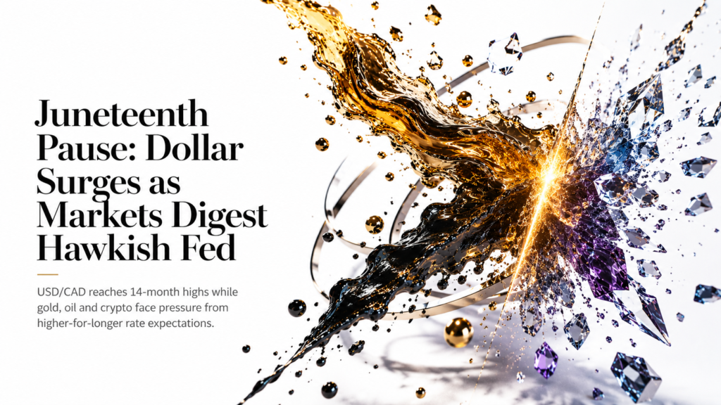 Juneteenth Holiday | US Markets Closed | BTC ~$63,230 · NVDA ~$210.33 · Gold ~$4,149 · WTI ~$75.77 · USD/CAD 14-Month Highs 1.4174 · US 20Y ~4.82% | Technical Analysis – US Session | 19 June 2026
