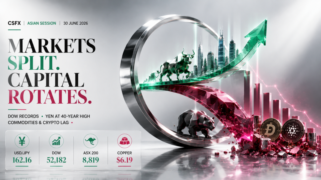 Yen Pinned Near 40-Year High at 162 · Dow Tops 52,000 on US-Iran De-escalation · ASX 200 Near Record on Hormuz Calm · Dogecoin & Cardano Sit on Multi-Year Lows — USD/JPY ~162.16, ASX 200 ~8,819.5, NZD/USD ~0.564 | Technical Analysis Asian Session | 30 June 2026