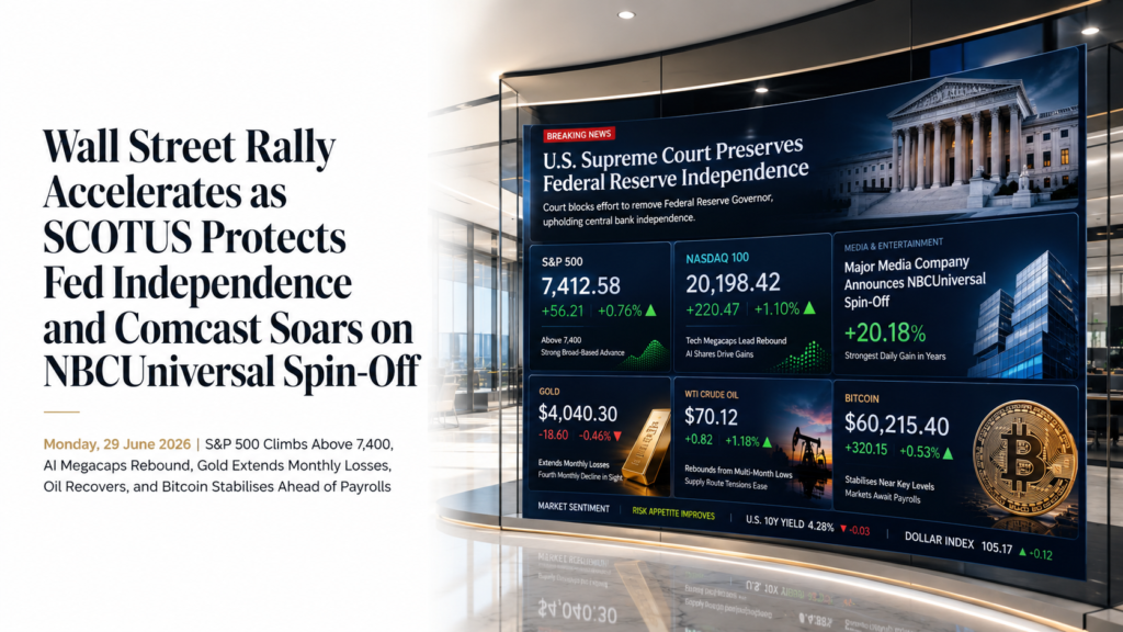 SCOTUS Shields Fed’s Cook · Comcast +20% on NBCUniversal Spin-Off · S&P 500 +0.76% · Nasdaq 100 +1% · WTI ~$70.20 · Gold ~$4,040 · Bitcoin ~$60,217 | Technical Analysis US Session | 29 June 2026