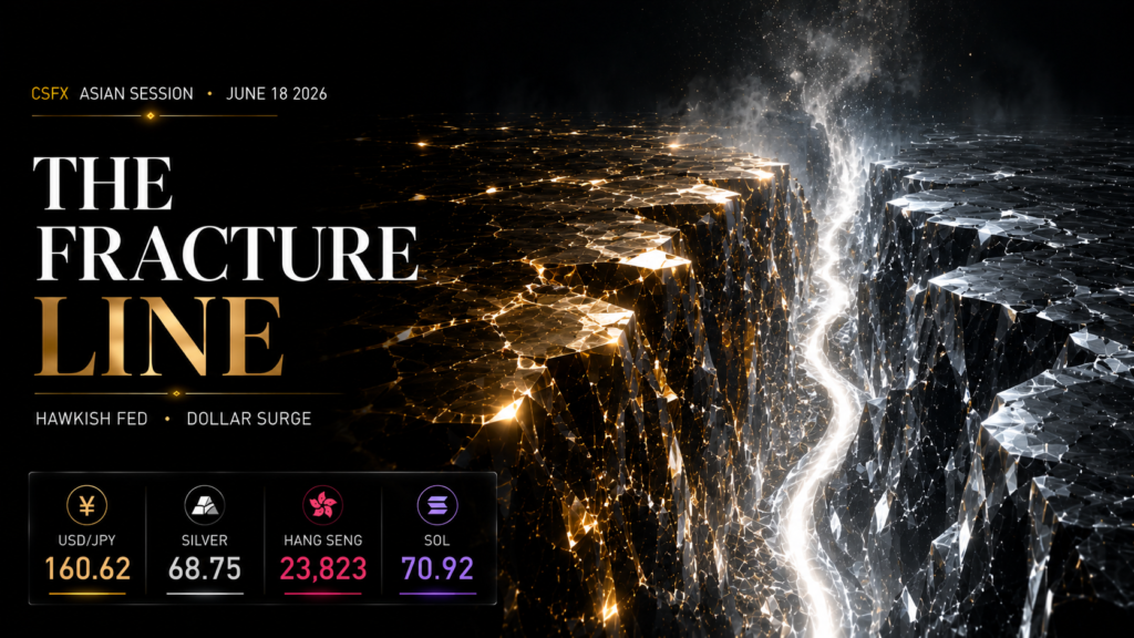 Hawkish Fed Holds at 3.75% – Dollar Surges, Silver $68.75, Hang Seng Tests 23,823, Yen Near 160.62 & Crypto Slips | Technical Analysis – Asian Session Brief | 18 June 2026