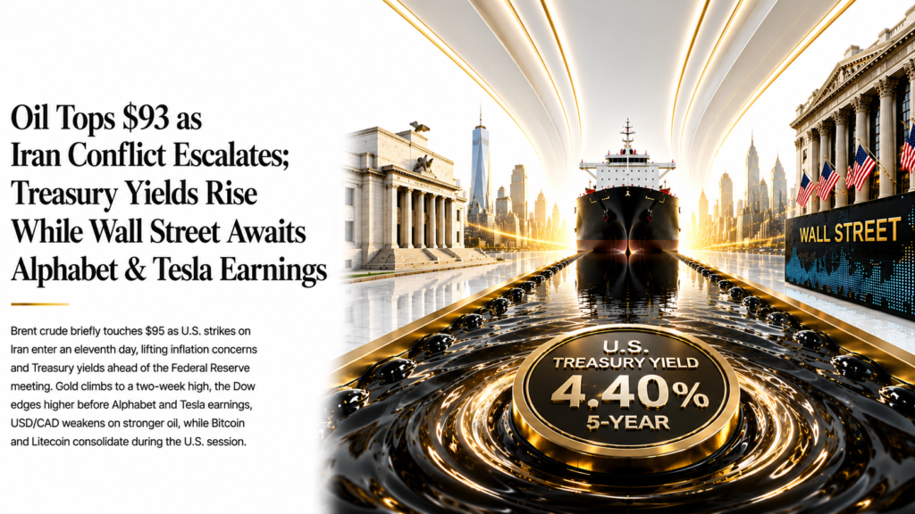 Oil Tops $93 (Briefly $95) as Iran Strikes Enter 11th Day, Dow Ticks Higher Into Alphabet & Tesla Earnings, Gold Hits Two-Week High | U.S. Session – Technical Analysis | 22 July 2026