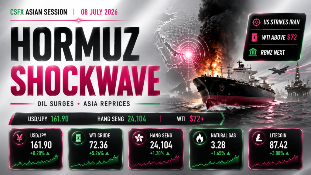 US Strikes Iran After Hormuz Tanker Attacks as Oil Surges, Kospi’s Chip Rout Deepens, Hang Seng Extends Gains, and RBNZ Decision Looms | Technical Analysis – Asian Session Technical Analysis | 8 July 2026