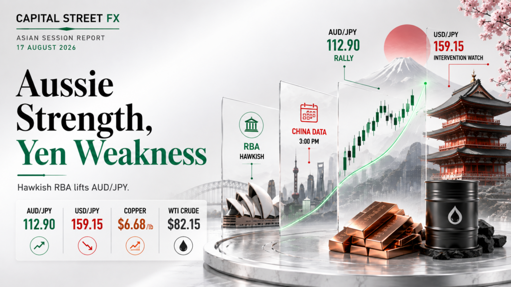 AUD/JPY Extends Gains on a Hawkish RBA as the Gulf War Keeps Oil and Copper Bid, While the Yen Slips, Hang Seng Drifts Ahead of Delayed China Data and XRP Tests the $1 -Level | Technical analysis – Asian Session | 17-08-2026