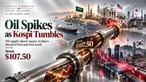 Oil spikes as Saudi pipeline shuts and Kospi tumbles ahead of Fed and BoJ week on 14 September 2026