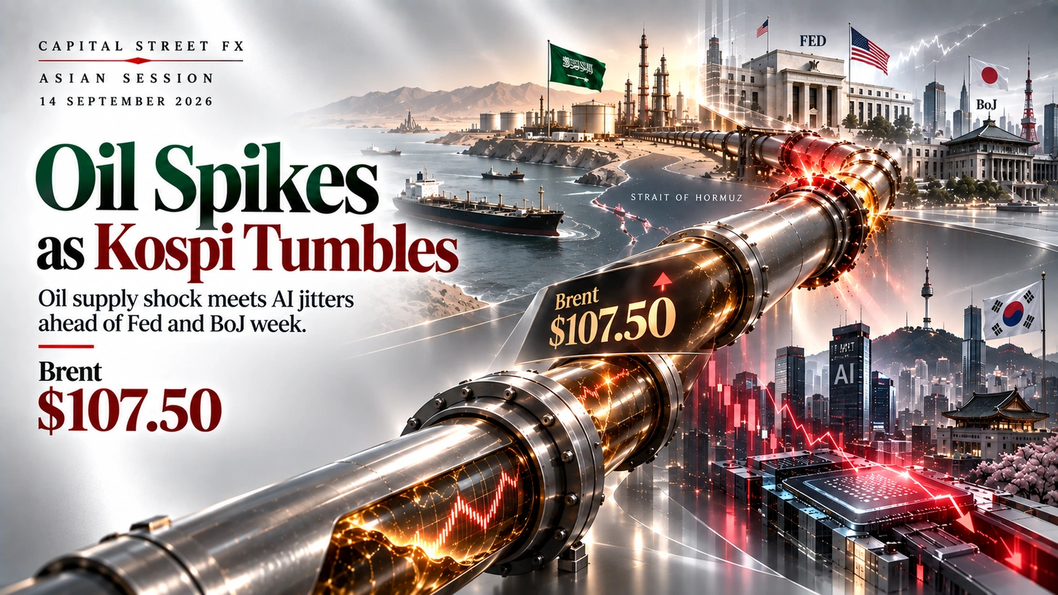 Oil spikes as Saudi pipeline shuts and Kospi tumbles ahead of Fed and BoJ week on 14 September 2026