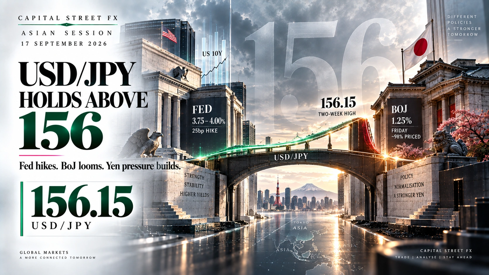 USD/JPY holds above 156 at 156.15 as the Fed hikes rates and the BoJ decision approaches on 17 September 2026