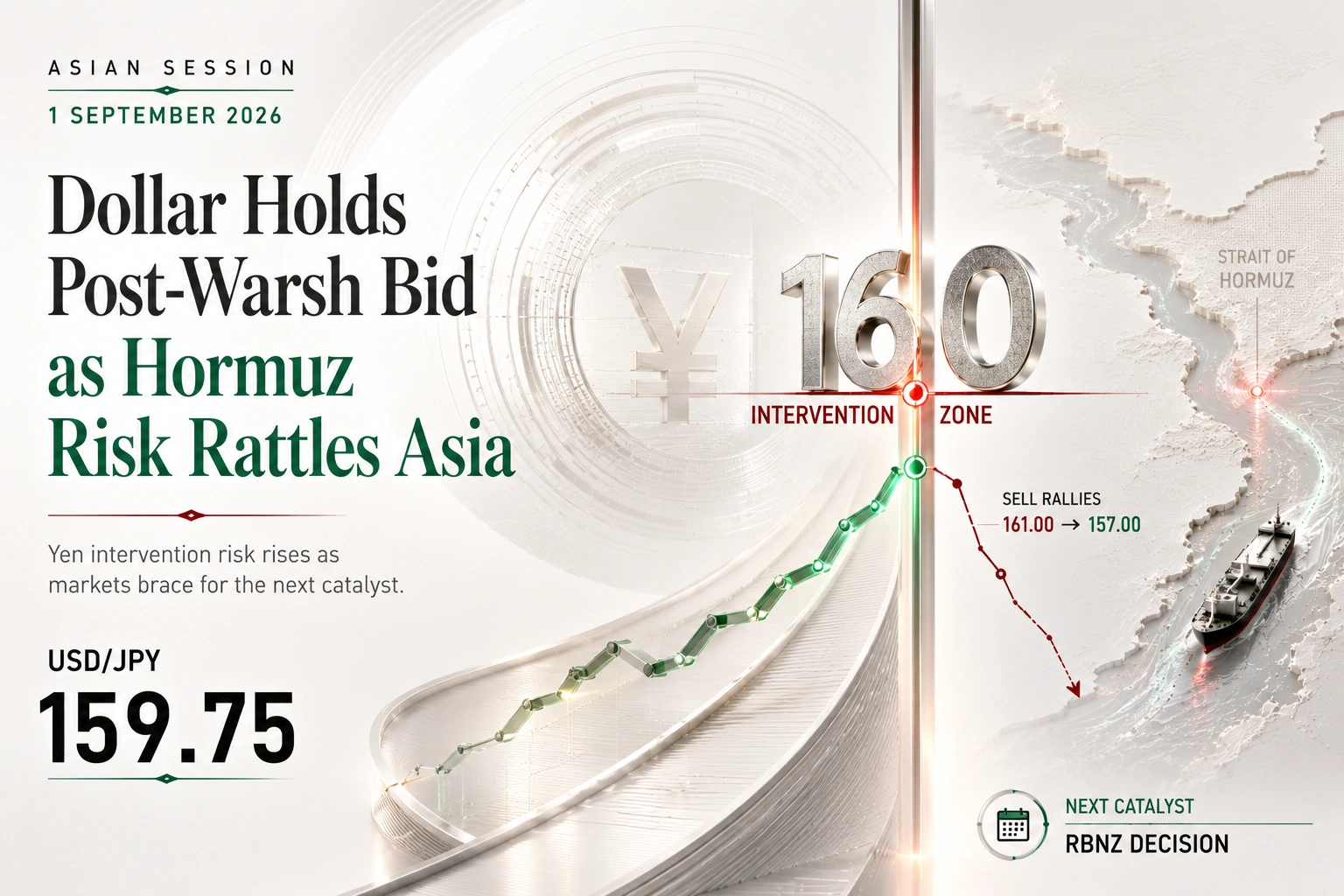 Dollar holds firm as USD/JPY trades near 159.75 amid Hormuz risk and RBNZ decision