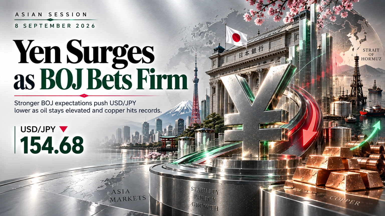 Yen surges as BOJ hike bets firm, with USD/JPY at 154.68 on 8 September 2026