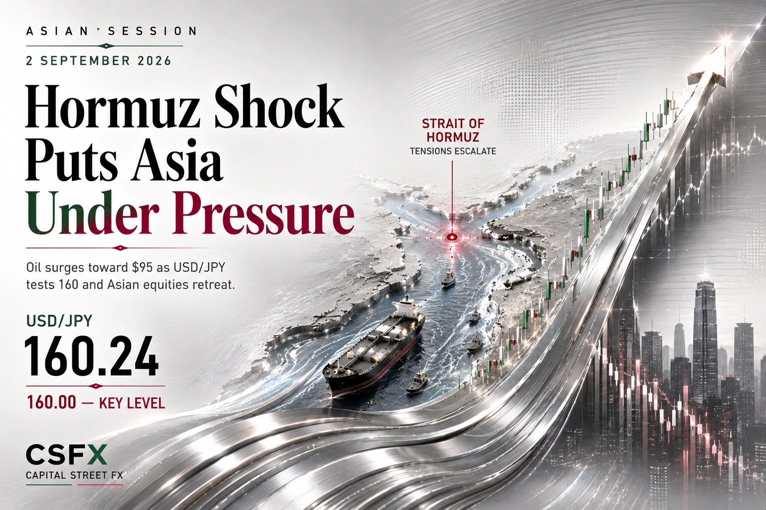 Iran strikes push Brent near $95 as USD/JPY tests 160 on 2 September 2026