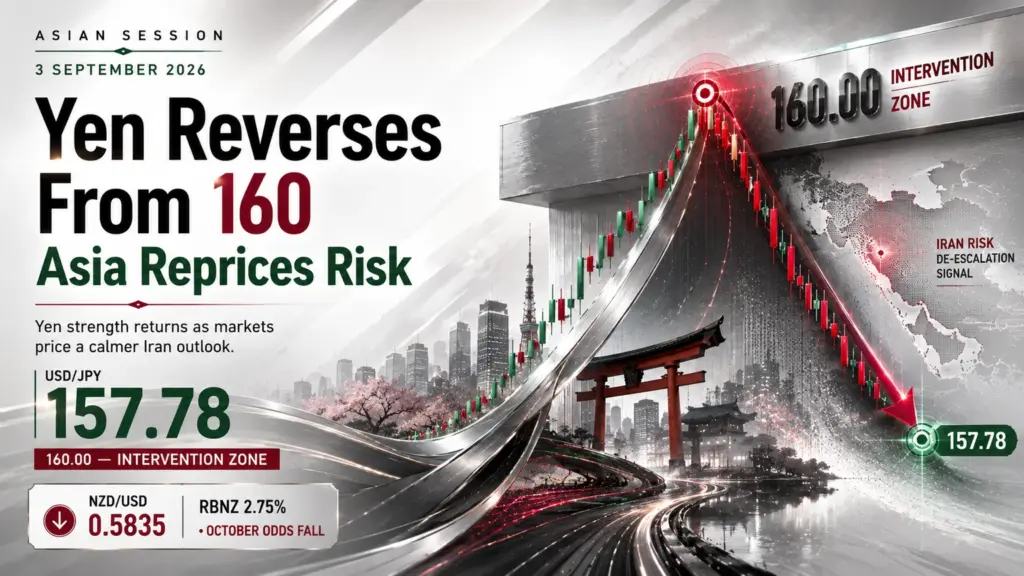 Yen surges as USD/JPY falls to 157.78 from the 160 intervention zone on 3 September 2026