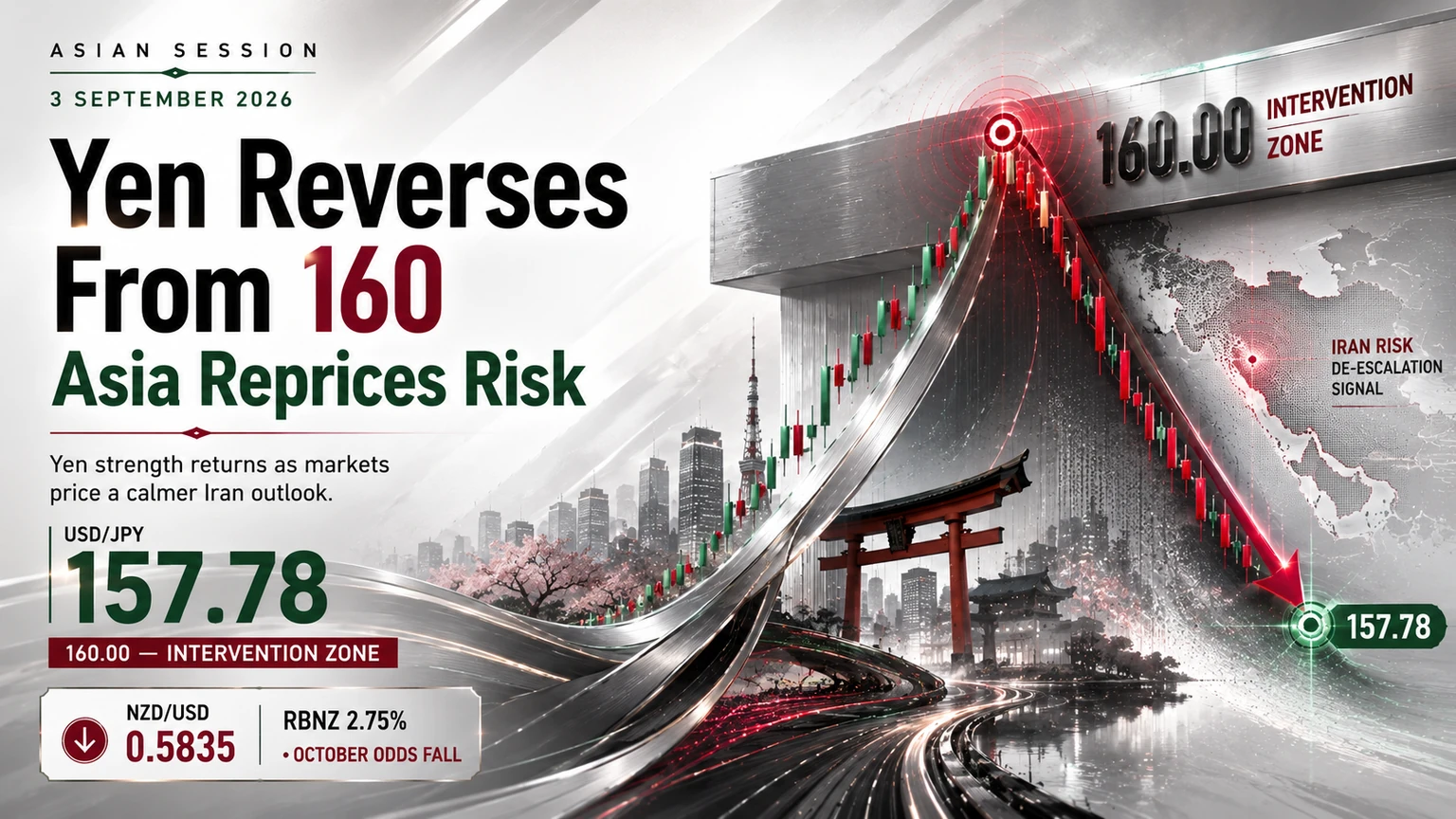 Yen surges as USD/JPY falls to 157.78 from the 160 intervention zone on 3 September 2026