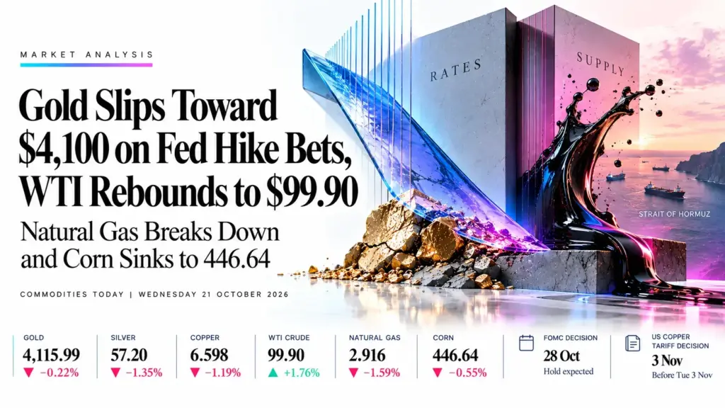 Gold Slips Toward $4,100 on Fed Hike Bets, WTI Rebounds to $99.90, Natural Gas Breaks Down and Corn Sinks to 446.64 | Technical Analysis – Commodity Report | 21 Oct 2026