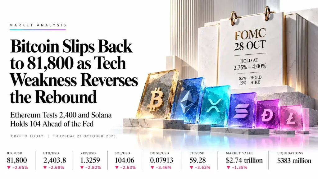 Bitcoin Slips Back to 81,800 as Tech Weakness Reverses the Rebound, Ethereum Tests 2,400 and Solana Holds 104 Ahead of the Fed | Technical analysis – Crypto Report | 22 Oct 2026