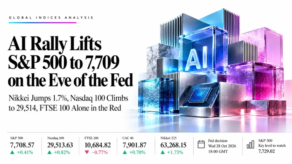 AI Rally Lifts S&P 500 to 7,709 on the Eve of the Fed: Nikkei Jumps 1.7%, Nasdaq 100 Climbs to 29,514, FTSE 100 Alone in the Red | Technical Analysis – Index Report | 27 Oct 2026