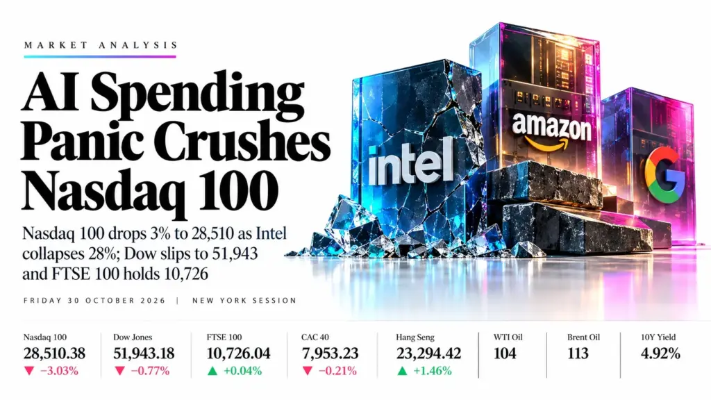 AI Spending Panic Crushes Nasdaq 100 by 3% to 28,510 as Intel Collapses 28%; Dow Slips to 51,943 and FTSE 100 Holds 10,726 | Technical Analysis – Index Report | 30 Oct 2026