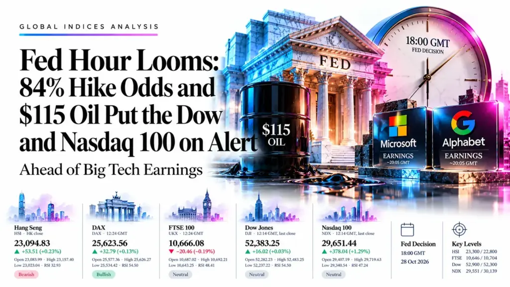 Fed Hour Looms: 84% Hike Odds and $115 Oil Put the Dow and Nasdaq 100 on Alert Ahead of Big Tech Earnings | Technical Analysis – Index Report | 28 Oct 2026