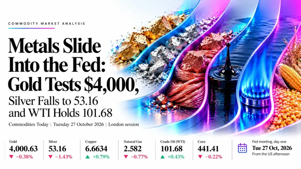 Metals Slide Into the Fed: Gold Tests $4,000, Silver Falls to 53.16 and WTI Holds 101.68 | Technical Analysis – Commodity Report | 27 Oct 2026