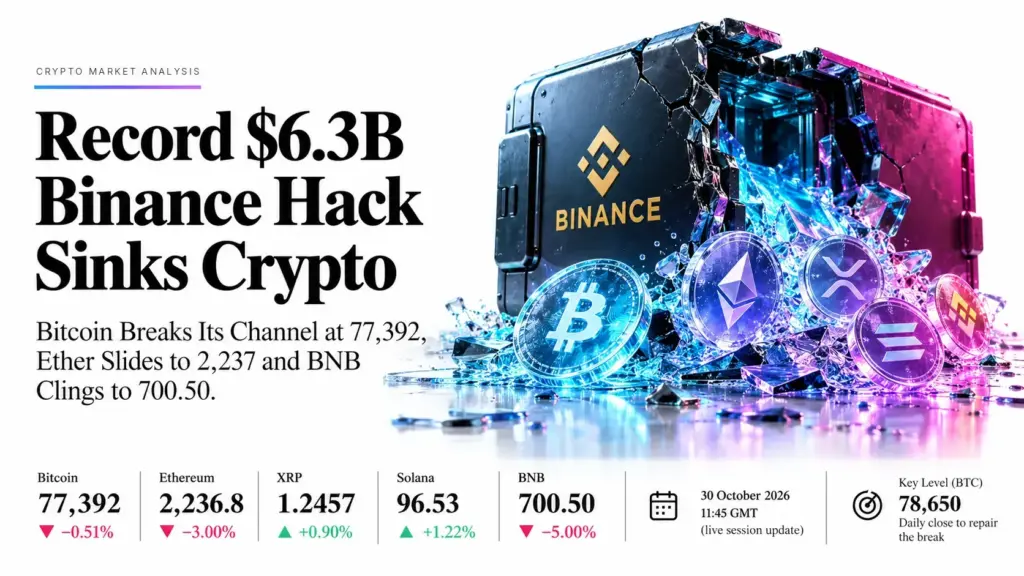 Record $6.3B Binance Hack Sinks Crypto: Bitcoin Breaks Its Channel at 77,392, Ether Slides to 2,237 and BNB Clings to 700.50 | Technical Analysis – Crypto Report | 30-10-2026