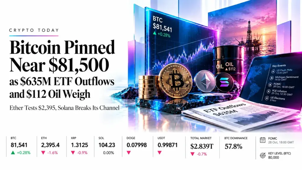 Bitcoin Pinned Near $81,500 as $635M ETF Outflows and $112 Oil Weigh: Ether Tests $2,395, Solana Breaks Its Channel | Technical Analysis – Crypto Report | 24 Oct 2026